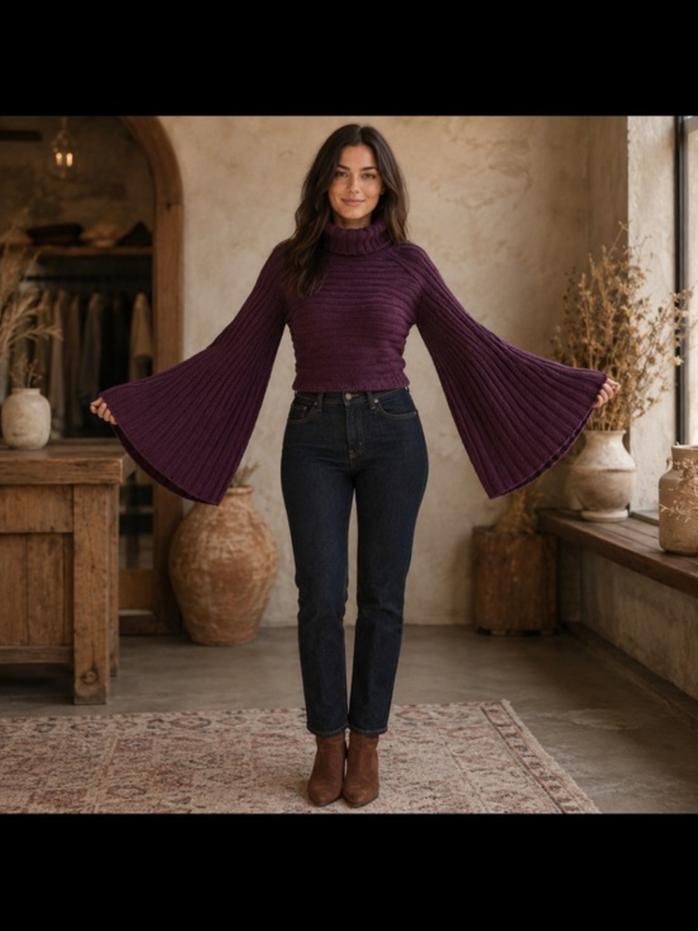 Cami Burgundy Bell Sleeve Turtleneck Sweater Boho Chunky Knit Size Small